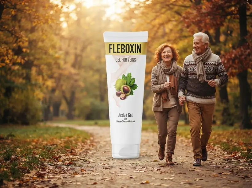Para seniorów na jesiennym spacerze — zakup oryginalnego Fleboxinu